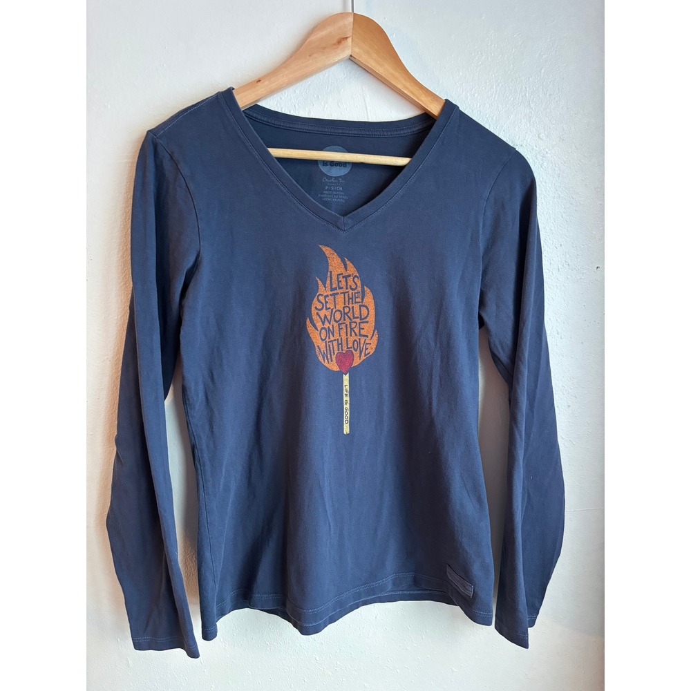 Life Is Good Womens‎ V Neck Long Sleeve T Shirt Classic Fit Graphic Print Blue S
